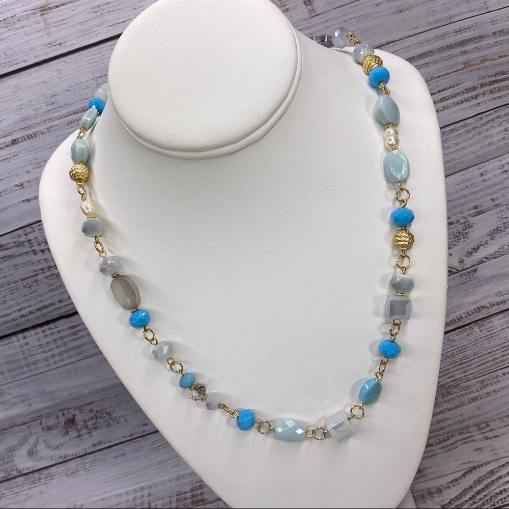 Stella & Ruby gold/turquoise/grey/cream shimmer bead long statement necklace